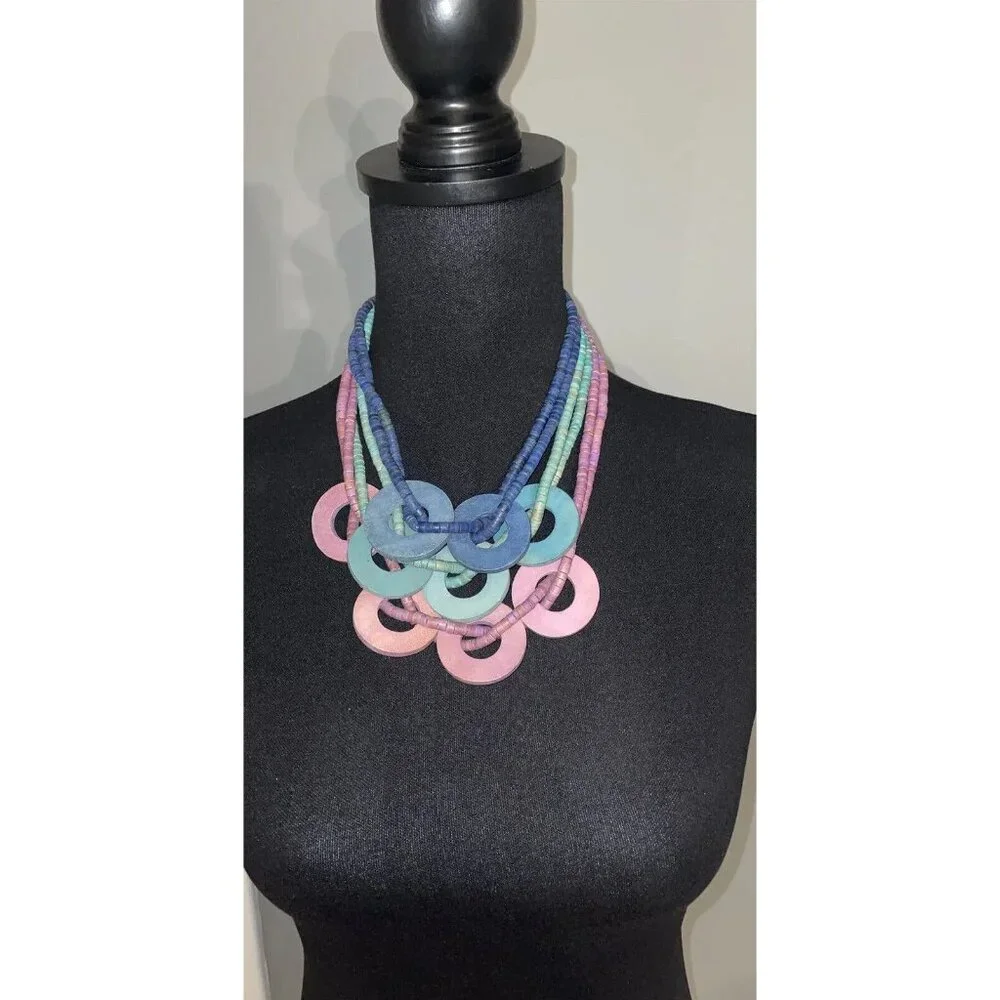 Vintage multi strand multi color purple green & blue wood beaded necklace Circle